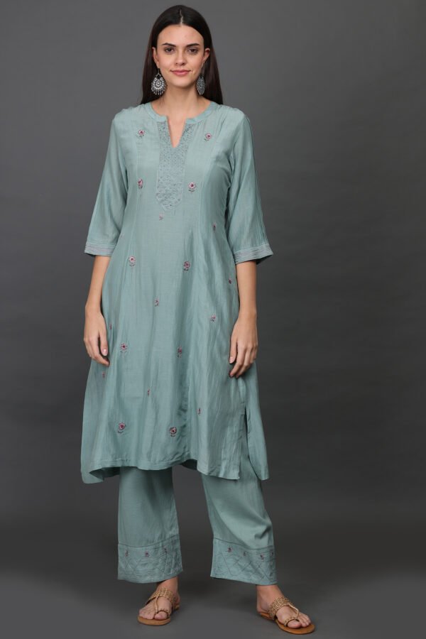 COTTON SILK HAND EMBROIDERED A LINE KURTA 