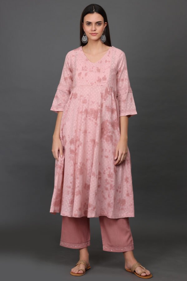 Cotton dobby delicate aari/zardozi hand embroidered tied dye kurta with pintucks detailing, PANT & DUPATTA (SET of 3)