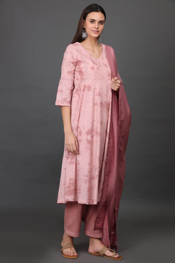 Cotton dobby delicate aari/zardozi hand embroidered tied dye kurta with pintucks detailing, PANT & DUPATTA (SET of 3)