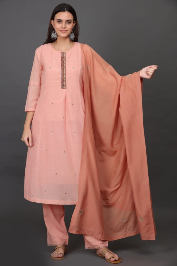 ZARDOZI HAND EMBROIDERED KURTA WITH FRONT PLACKET PLEAT AND SIDE POCKETS, PANT & DUPATTA(SET OF 3)