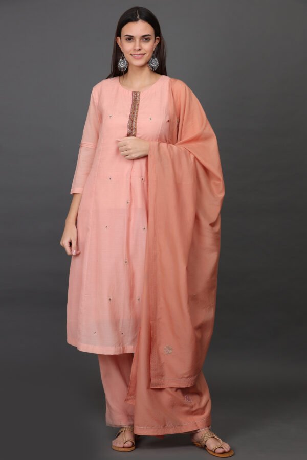 ZARDOZI HAND EMBROIDERED KURTA WITH FRONT PLACKET PLEAT AND SIDE POCKETS, PANT & DUPATTA(SET OF 3)