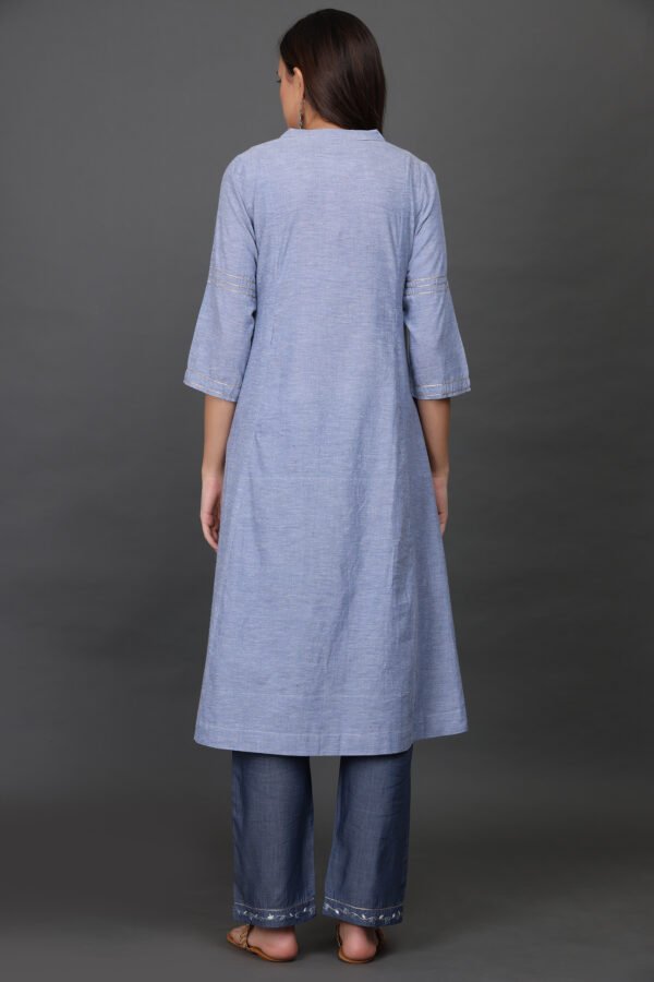 V NECK DELICATE ZARDOZI HAND EMBROIDERED A LINE COTTON CHAMBREY KURTA & PANT (Set of 2)