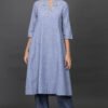 V NECK DELICATE ZARDOZI HAND EMBROIDERED A LINE COTTON CHAMBREY KURTA & PANT (Set of 2)