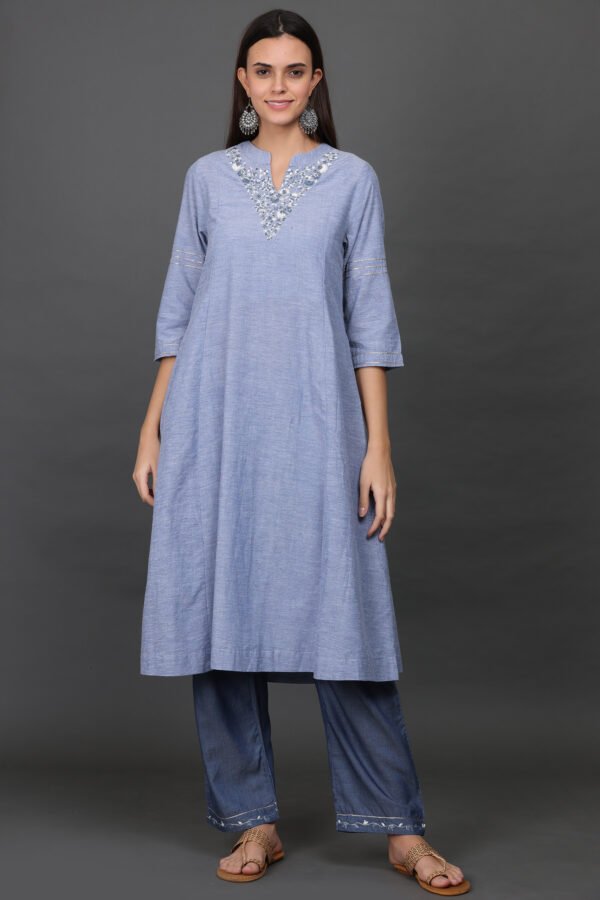 V NECK DELICATE ZARDOZI HAND EMBROIDERED A LINE COTTON CHAMBREY KURTA & PANT (Set of 2)