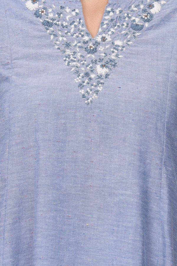 V NECK DELICATE ZARDOZI HAND EMBROIDERED A LINE COTTON CHAMBREY KURTA & PANT (Set of 2)