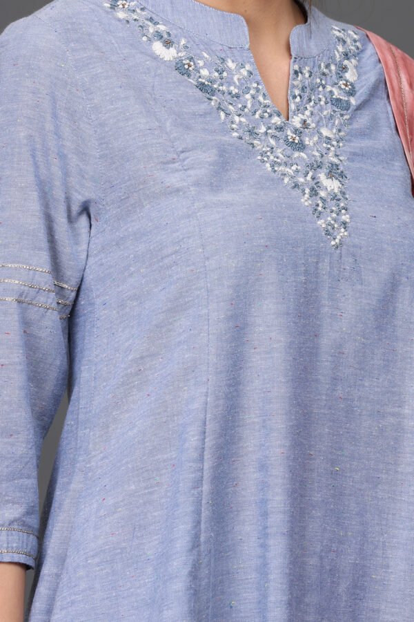 V NECK DELICATE ZARDOZI HAND EMBROIDERED A LINE COTTON CHAMBREY KURTA & PANT (Set of 2)